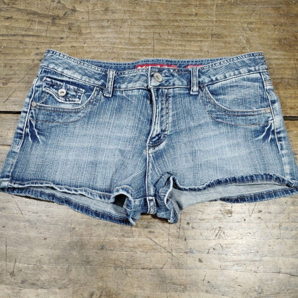 Vintage MUDD Denim Shorts Sz 11 Blue Micro Y2K Mini Stretch Flap Pockets